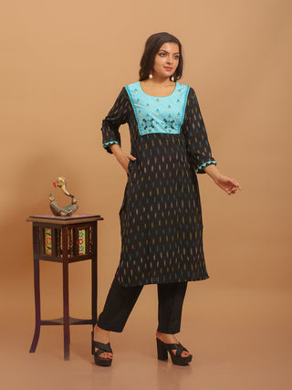 Black Ikkat Cotton Kurti with Gujarati Hand Embroidery