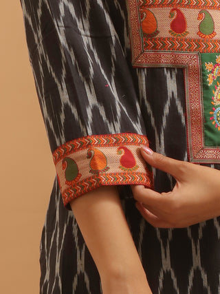Black Ikkat Cotton Kurti With Embroidered Yoke