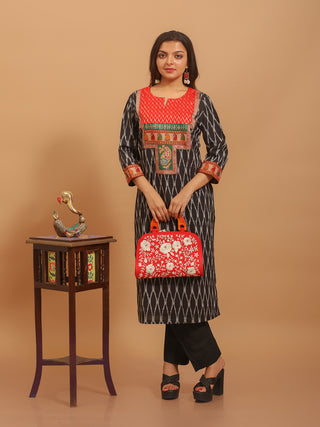 Black Ikkat Cotton Kurti With Embroidered Yoke