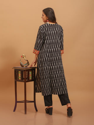 Black Ikkat Cotton Kurti With Embroidered Yoke
