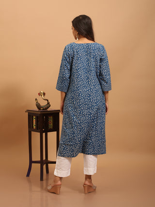Indigo Blue Bagru Cotton Kurti with Hand Embroidered Yoke