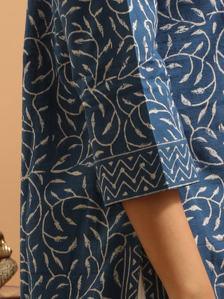Indigo Blue Bagru Cotton Kurti with Hand Embroidered Yoke