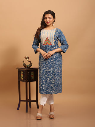 Indigo Blue Bagru Cotton Kurti with Hand Embroidered Yoke