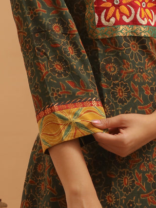Dark Green Cambric Cotton Kurti with Original Kutch Ajrakh Prints & Hand-Embroidered Yoke