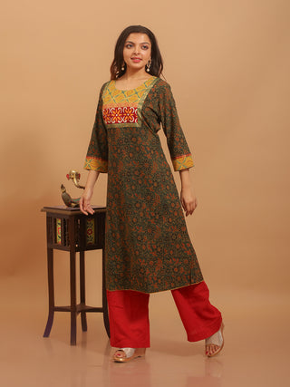 Dark Green Cambric Cotton Kurti with Original Kutch Ajrakh Prints & Hand-Embroidered Yoke