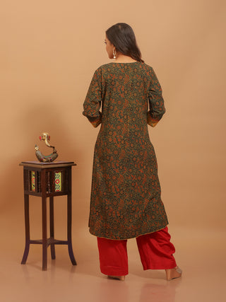 Dark Green Cambric Cotton Kurti with Original Kutch Ajrakh Prints & Hand-Embroidered Yoke
