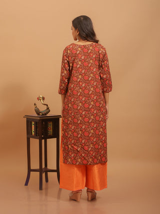 Rust Brown Sanganeri Cotton Kurti With Hand-Embroidered Yoke