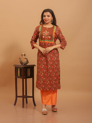 Rust Brown Sanganeri Cotton Kurti With Hand-Embroidered Yoke