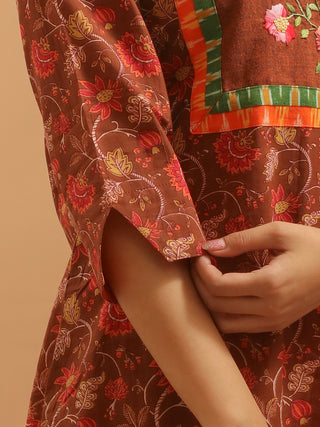 Rust Brown Sanganeri Cotton Kurti With Hand-Embroidered Yoke