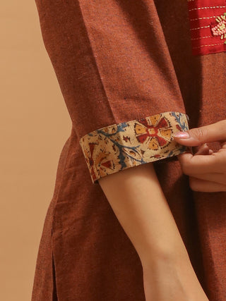 Rust Brown Andhra Cotton Kurti with Hand-Embroidered Yoke