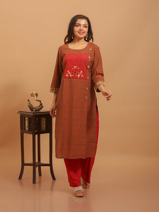 Rust Brown Andhra Cotton Kurti with Hand-Embroidered Yoke