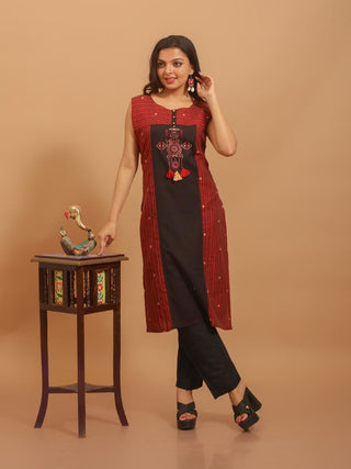 Maroon and Black South Cotton Kurti with Embroidery