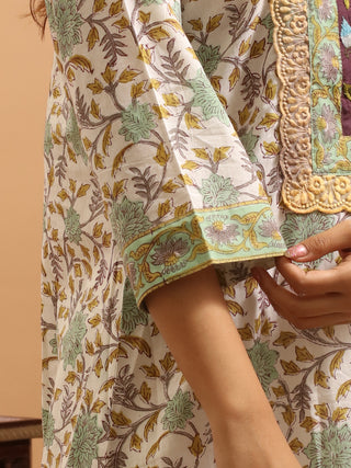 White Sanganeri Cotton Kurti with Hand Embroidered Yoke