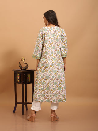 White Sanganeri Cotton Kurti with Hand Embroidered Yoke