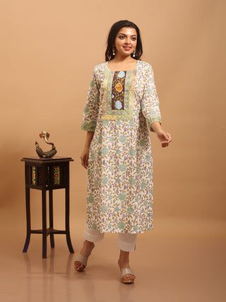 White Sanganeri Cotton Kurti with Hand Embroidered Yoke