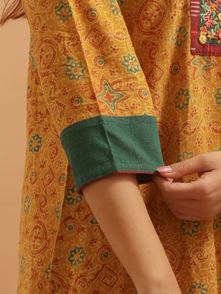 Mustard Cambric Cotton Embroidered Kurti with Original Kutch Ajrakh Prints