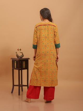 Mustard Cambric Cotton Embroidered Kurti with Original Kutch Ajrakh Prints