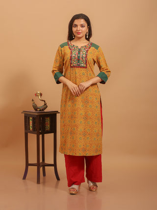 Mustard Cambric Cotton Embroidered Kurti with Original Kutch Ajrakh Prints