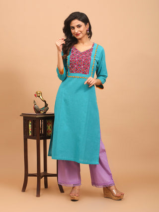 Teal Andhra Cotton Kurti with Magenta Embroidered Yoke and Orange Trim