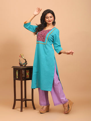 Teal Andhra Cotton Kurti with Magenta Embroidered Yoke and Orange Trim