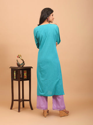 Teal Andhra Cotton Kurti with Magenta Embroidered Yoke and Orange Trim