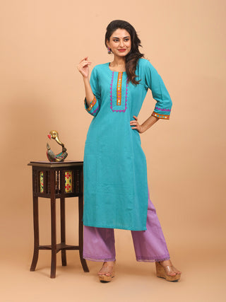 Teal Andhra Cotton Kurti with Kutch Tape Embroidery and Purple Trim