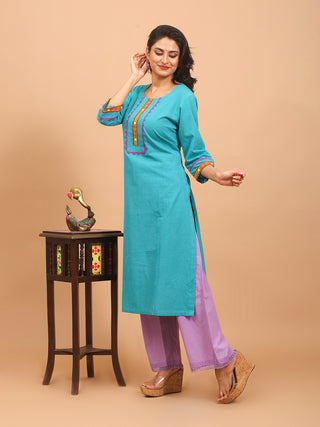 Teal Andhra Cotton Kurti with Kutch Tape Embroidery and Purple Trim