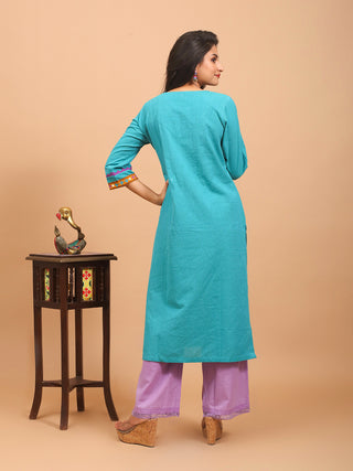 Teal Andhra Cotton Kurti with Kutch Tape Embroidery and Purple Trim