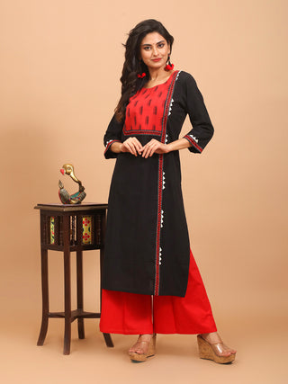 Black Andhra Cotton Kurti with Red Ikkat Yoke and Hand Embroidery