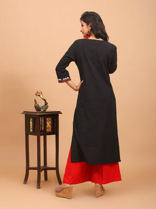 Black Andhra Cotton Kurti with Red Ikkat Yoke and Hand Embroidery