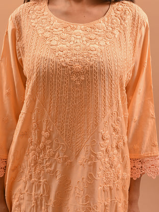 Peach Modal Cotton Kurta with Parsi-Inspired Hand Embroidery