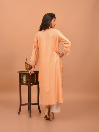 Peach Modal Cotton Kurta with Parsi-Inspired Hand Embroidery
