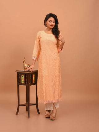 Peach Modal Cotton Kurta with Parsi-Inspired Hand Embroidery