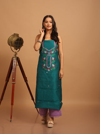Teal Green Handloom Cotton Silk Kurti Fabric with Jamdani Weaves