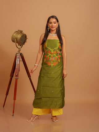 Olive Green Handloom Cotton Silk Kurti Fabric with Jamdani Weaves