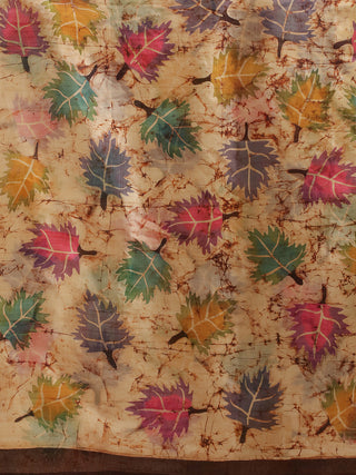 Hand Batik Murshidabad Silk Kurti Fabric (Multicolour Leaves Pattern)