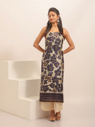 Hand Batik Murshidabad Silk Kurti Fabric (Navy Blue Floral Pattern)