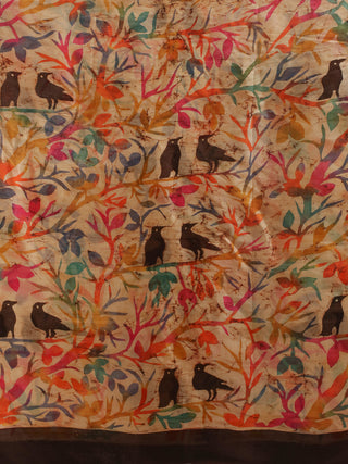 Hand Batik Murshidabad Silk Kurti Fabric (Multicolour Bird and Branch Design)