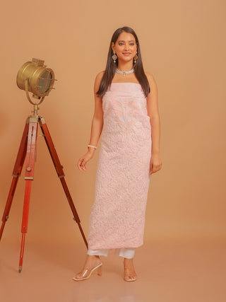 Baby Pink Voile Cotton Kurti Fabric with All-Over Lucknowi Work and Pearl-Zari Highlights