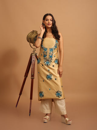 Beige Art Dupion Silk Kurti Fabric with Teal Floral Hand Embroidery