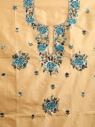 Beige Art Dupion Silk Kurti Fabric with Teal Floral Hand Embroidery