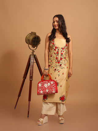 Beige Dupion Silk Kurti Fabric with Red Rose Hand Embroidery