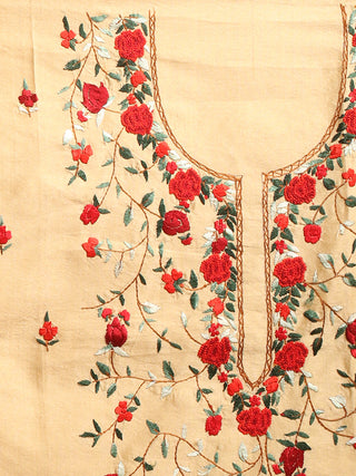 Beige Dupion Silk Kurti Fabric with Red Rose Hand Embroidery