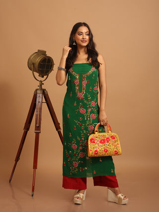 Emerald Green Hand Embroidered Georgette Kurti Fabric with Rose Motifs