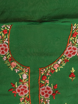 Emerald Green Hand Embroidered Georgette Kurti Fabric with Rose Motifs