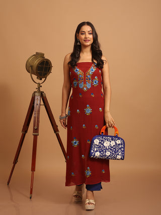 Maroon Hand Embroidered Georgette Kurti Fabric with Blue Rose Motifs