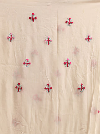 White Hand Embroidered Georgette Kurti Fabric with Pink Floral Motifs