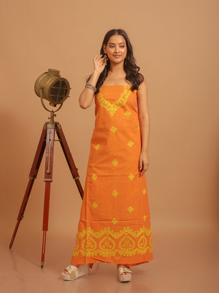 Dual Tone Orange and Yellow Mangalgiri Cotton Kurti Fabric with Hand Gujarati Embroidery