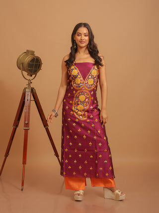 Wine Supernet Kota Kurti Fabric with Hand Embroidered Rose and Paisley Motifs