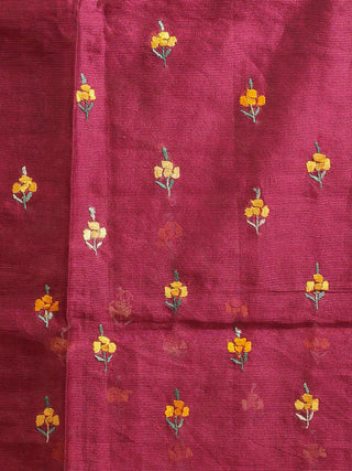 Wine Supernet Kota Kurti Fabric with Hand Embroidered Rose and Paisley Motifs